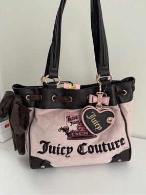 Juicy Couture Pink and Black Embroidered Shoulder Tote with Heart Charm
